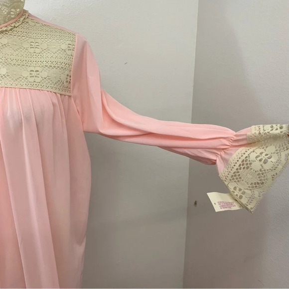 Vintage Nylon Long Nightgown Small  Pink  Lace High Neck Ruffle Sleeve Modest - Picture 4 of 12
